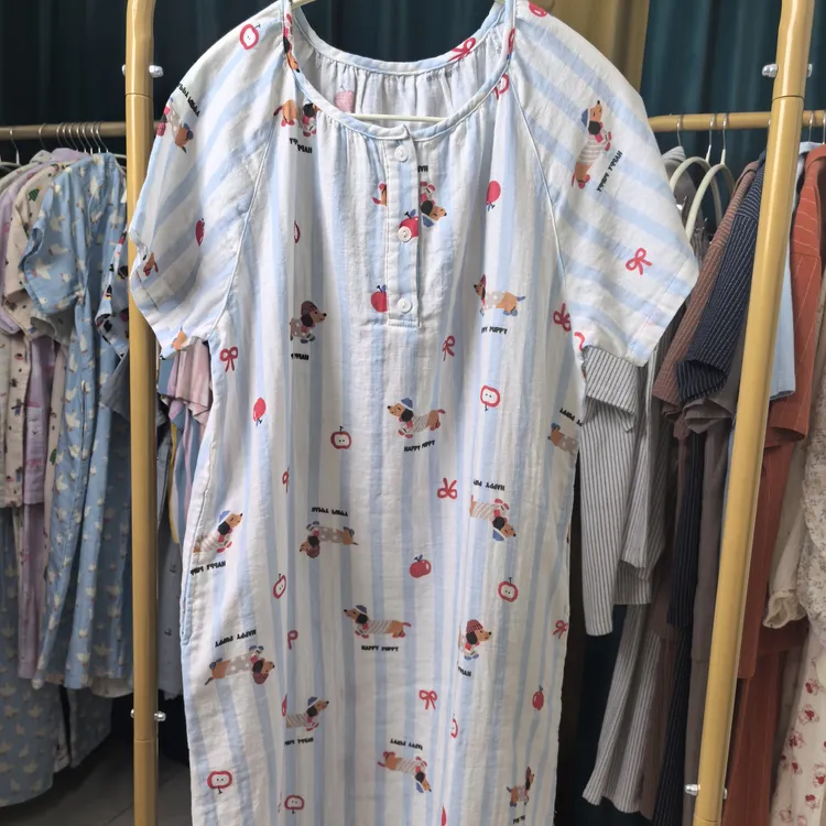 女士夏季纯棉双层纱布短袖中长款睡裙舒适家居服白色连衣裙宽松