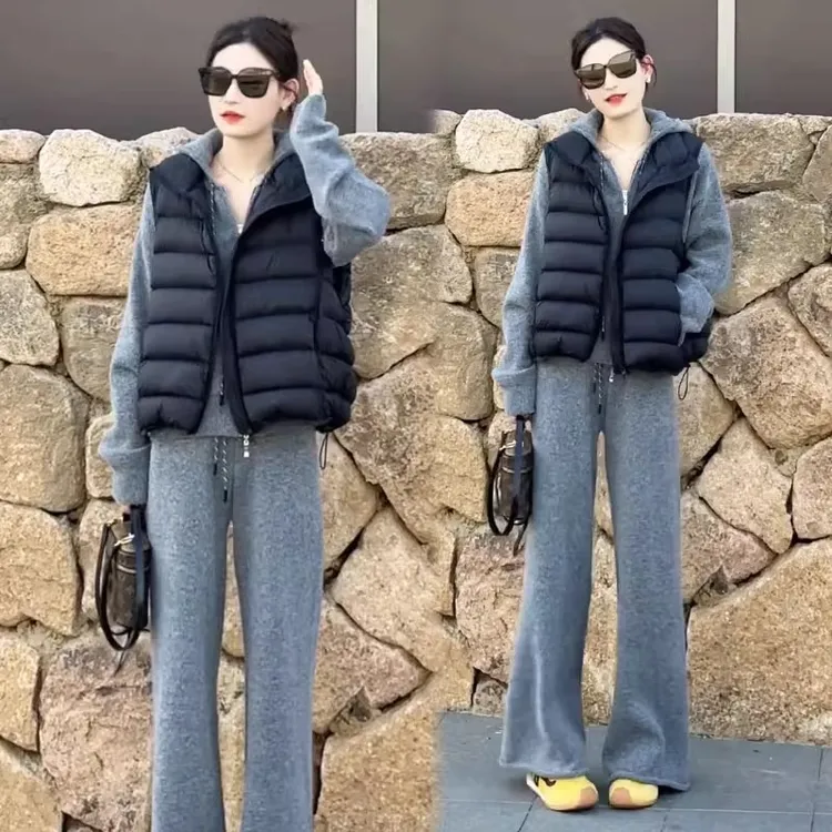 时尚休闲运动套装女2025秋冬宽松连帽开衫显瘦棉马甲运动裤三件套