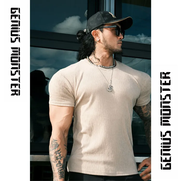 GM3D重磅显壮高级竹节纹型男T恤 夏季空气垫肩麻感休闲弹力短袖