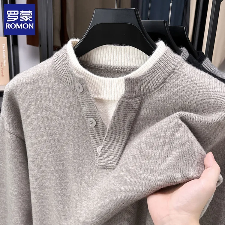 罗蒙冬季时尚潮流针织毛衣新款V领百搭休闲保暖毛衣纯色打底衫男