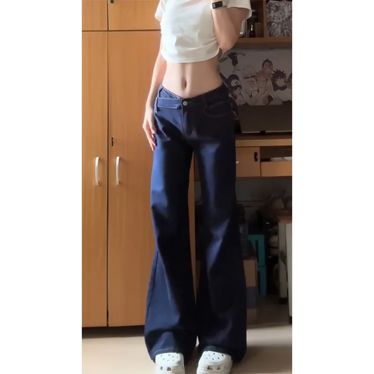 美式复古高腰辣妹不贴腿微喇裤秋季新款宽松显瘦拖地阔腿牛仔裤女