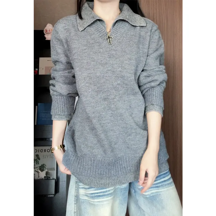 V37老钱风灰色假两件V领针织毛衣男秋美式氛围感软糯舒适线衫外套