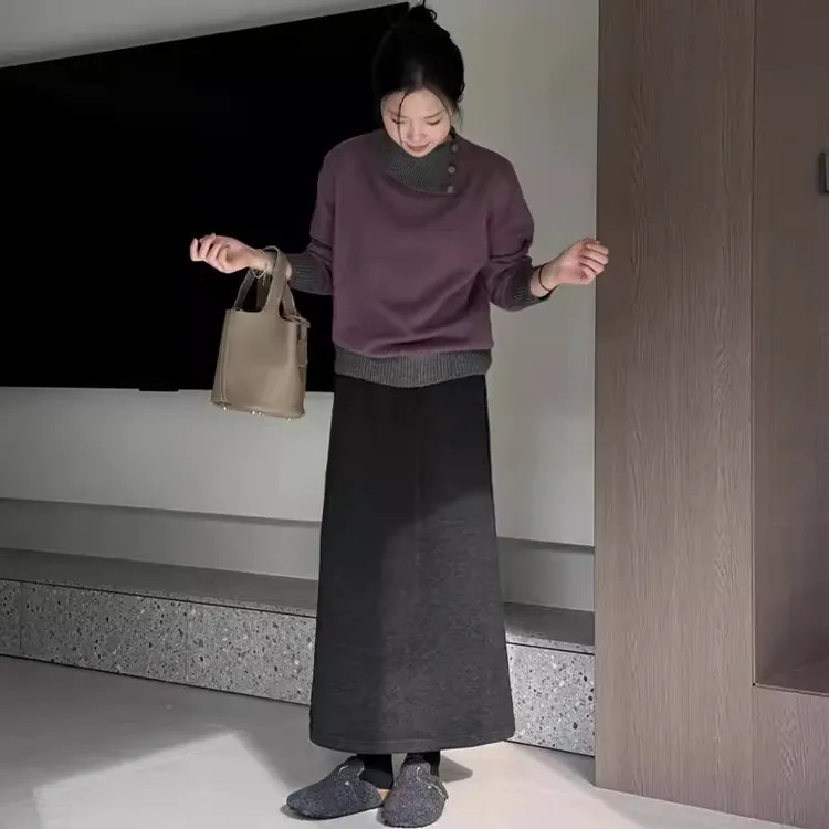 包臀A字裙春秋高腰显瘦百搭针织半身裙女小个子黑灰色直筒