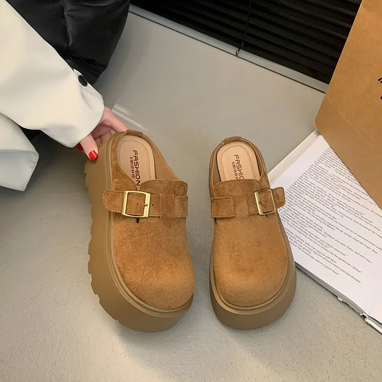 厚底包头半拖女2025秋新款小个子增高复古百搭懒人勃肯鞋