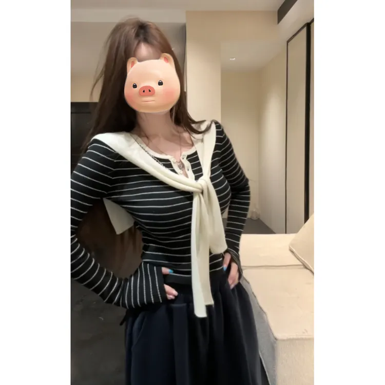 撞色条纹V领长袖针织衫女秋冬修身设计感内搭打底衫披肩叠穿上衣