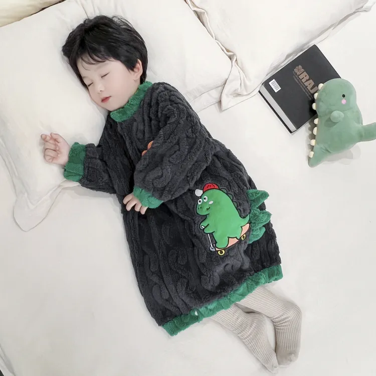 男童睡袍秋冬款加厚法兰绒儿童恐龙防着凉睡袋宝宝珊瑚绒浴袍睡衣