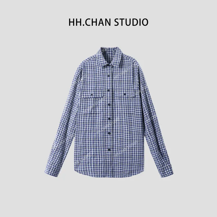 HH.CHAN“高知分子”亚麻棉RL中古定制蓝白格子衬衫HH53F37511