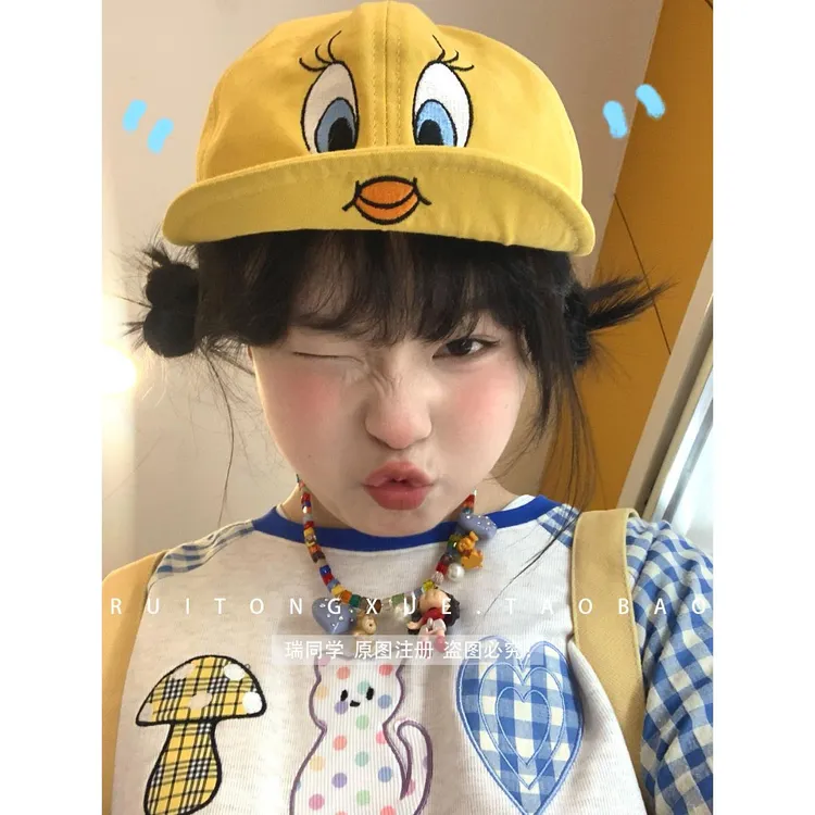 原创版！韩国崔弟翠儿翻檐鸭舌帽子可爱小黄鸭刺绣翠迪棒球帽日系