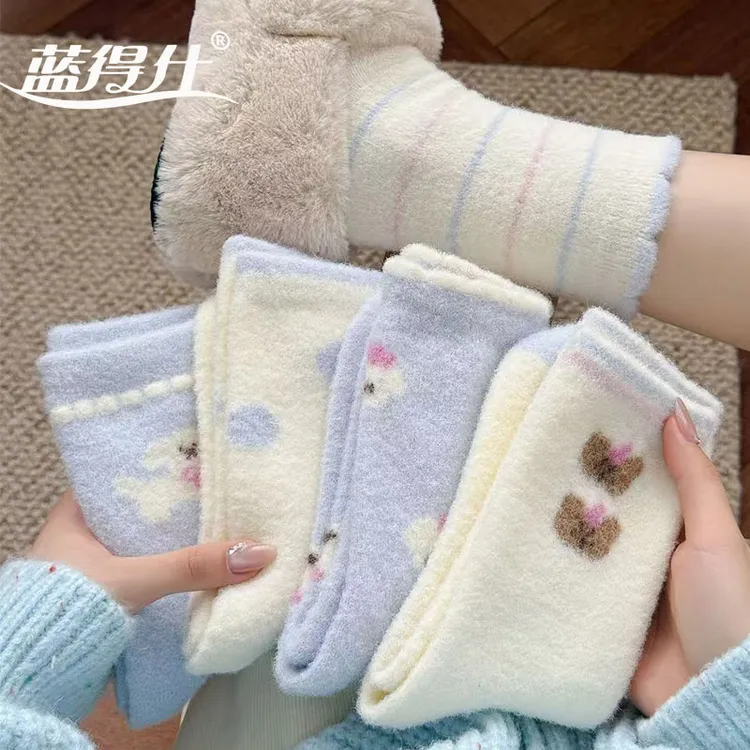 水貂绒袜子女款秋冬毛绒保暖中筒袜卡通加绒加厚冬天居家地板袜子