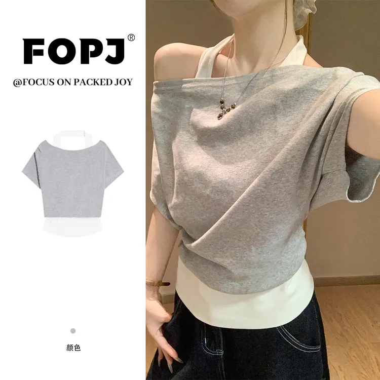 FOPJ夏季新款露肩假两件短袖t恤潮流设计感时尚高街纯欲风上衣ins
