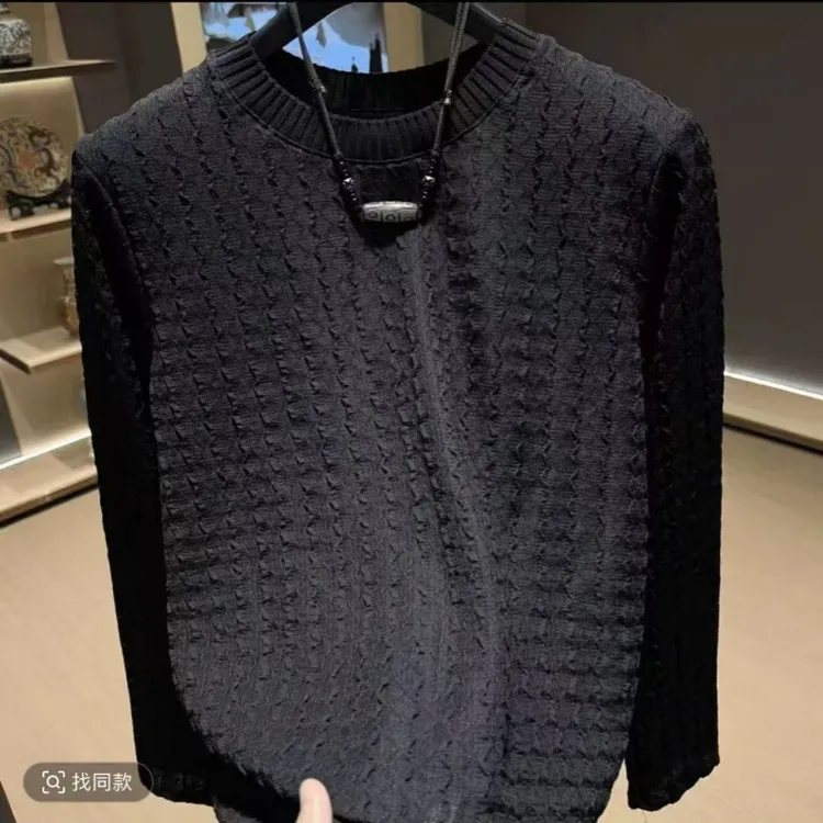 秋季新款高品质轻奢男士圆领老钱风简约提花针织上衣T桖时尚百搭