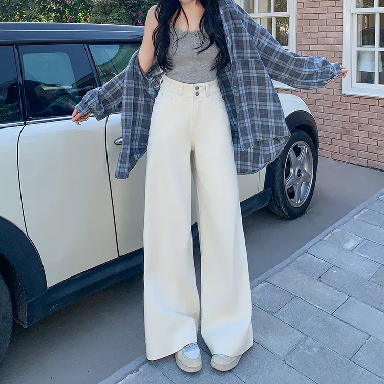 高质量气质2025春季新款白色牛仔裤女新款高腰宽松直筒阔腿裤拖地