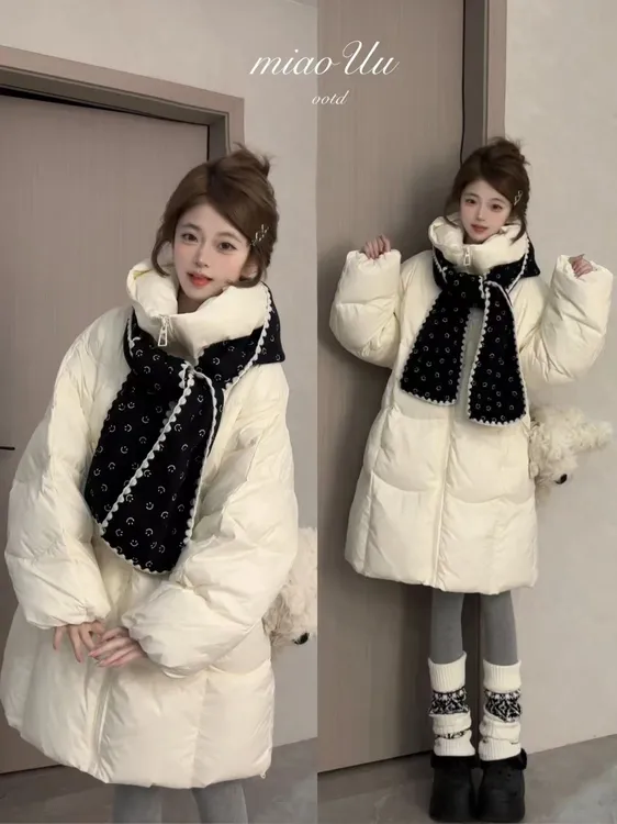 泡芙连帽保暖棉服2025冬季新款韩系慵懒感加厚宽松中长款棉衣外套