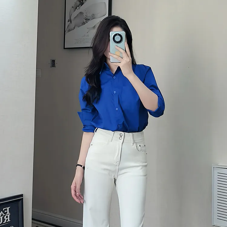 网红洋气炸街女装韩版克莱因蓝衬衫女款外穿时尚洋气衬衣长袖上衣