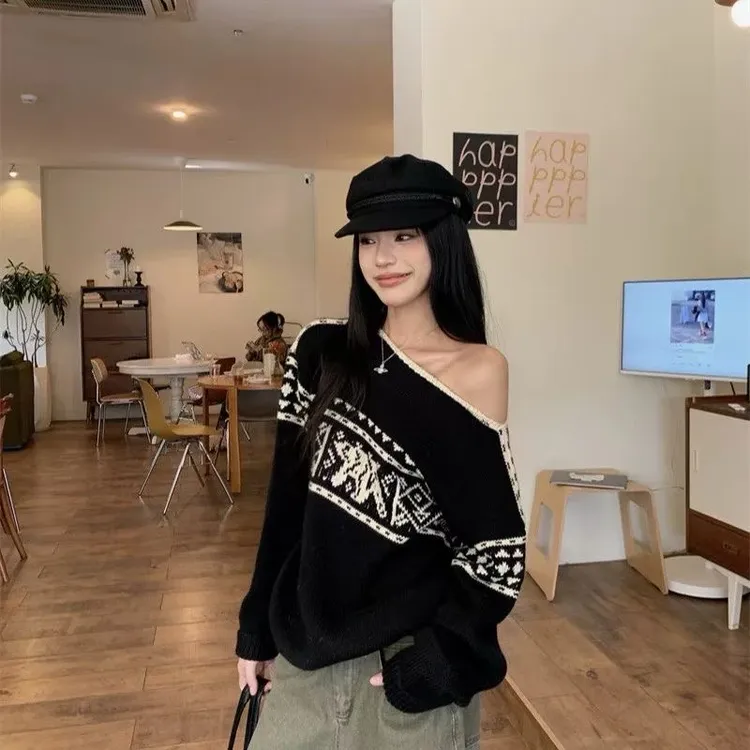 La Chapelle/拉夏贝尔秋冬款毛衣秋冬新款慵懒风休闲复古韩系露肩