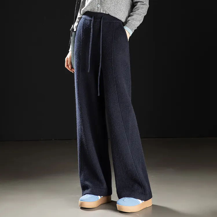 正品哥第秋冬新款高端羊毛裤女高腰休闲裤纯色松紧腰显高百搭裤