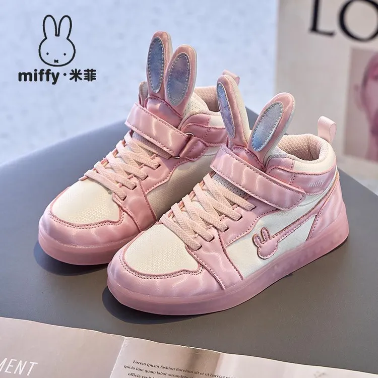 Miffy米菲2025秋季新款6岁女童学生运动鞋魔术贴板鞋兔耳高帮单鞋
