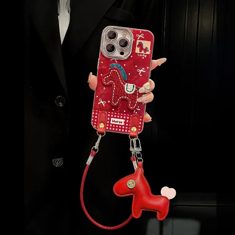 立体刺绣红马适用苹果17promax可爱冰川纹手机壳华为oppovivo小米