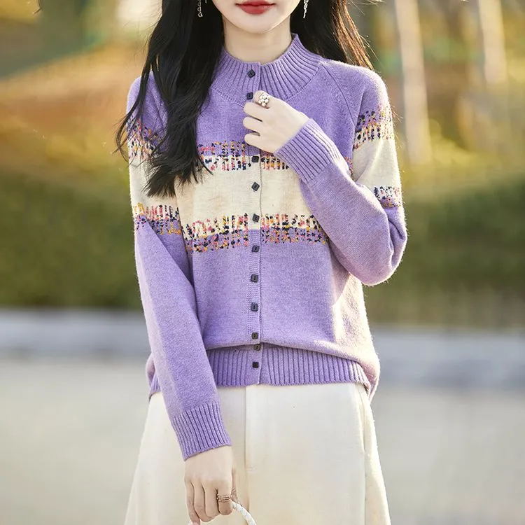 俞兆林秋冬复古提花精纺仿羊毛开衫女半高领拼色加厚针织毛衣宽松