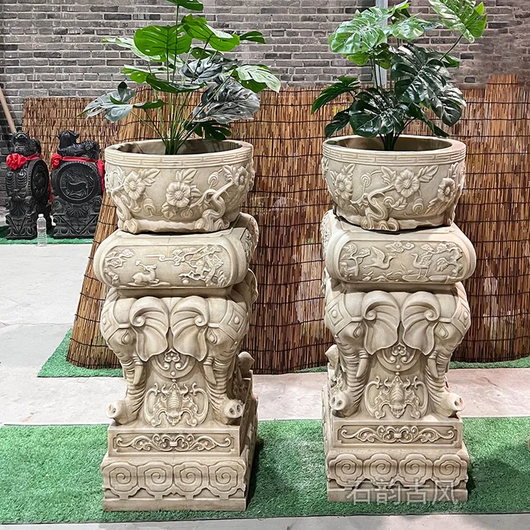 石头花架复古老物件手工雕刻新中式书房装饰摆设石雕花几石雕摆件
