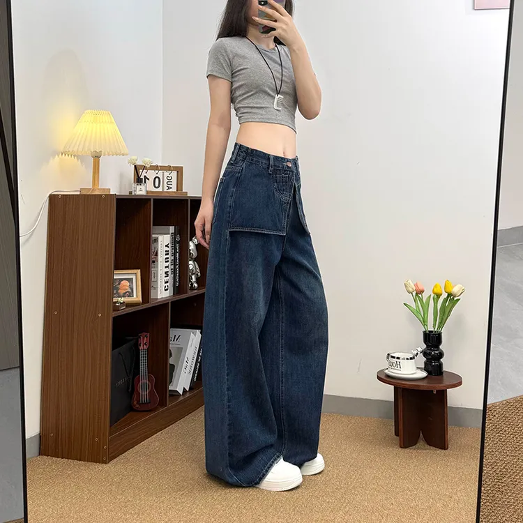 复古美式3D立体剪裁重工水洗多层工艺牛仔裤阔腿拖地裤