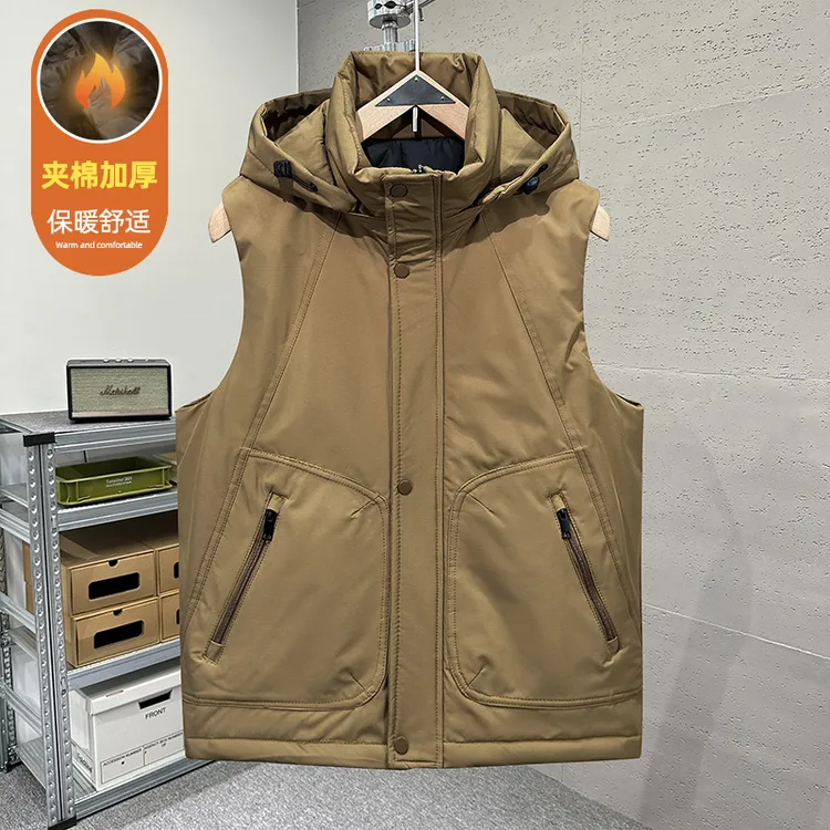 青少年学生整张棉免烫秋冬新款直下摆可脱卸帽马甲本布下摆大口袋