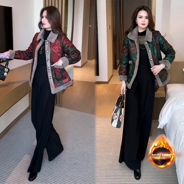 常规款爆款冬季加绒加厚外套女时尚洋气百搭上衣气质保暖翻领开衫