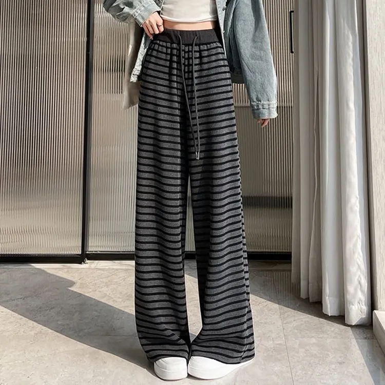 【退货补运费】夏季女士条纹透气薄款阔腿显瘦直筒垂感休闲裤T25201