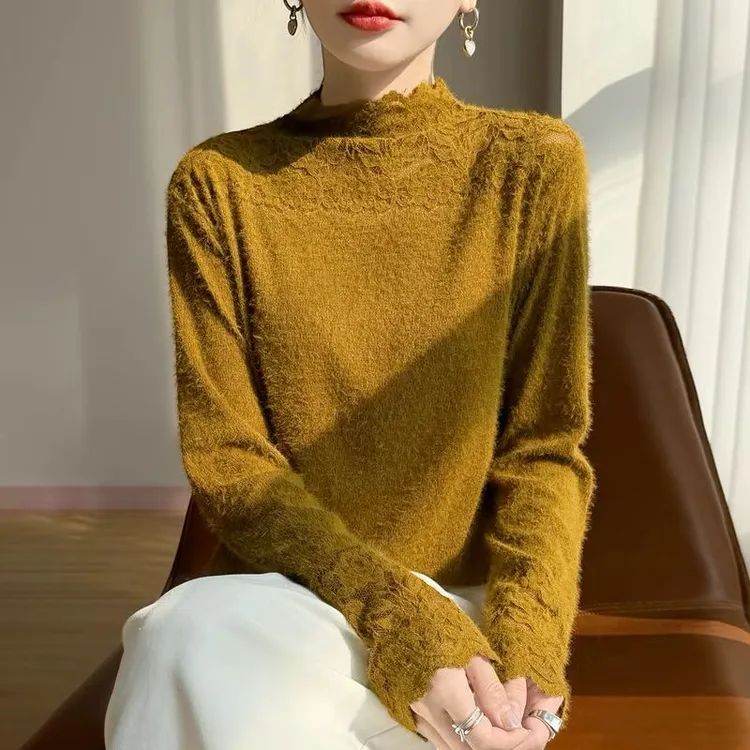 【广州薇姐】2025秋冬法式洋气半高领勾花打底衫女新款镂空内搭长袖t恤