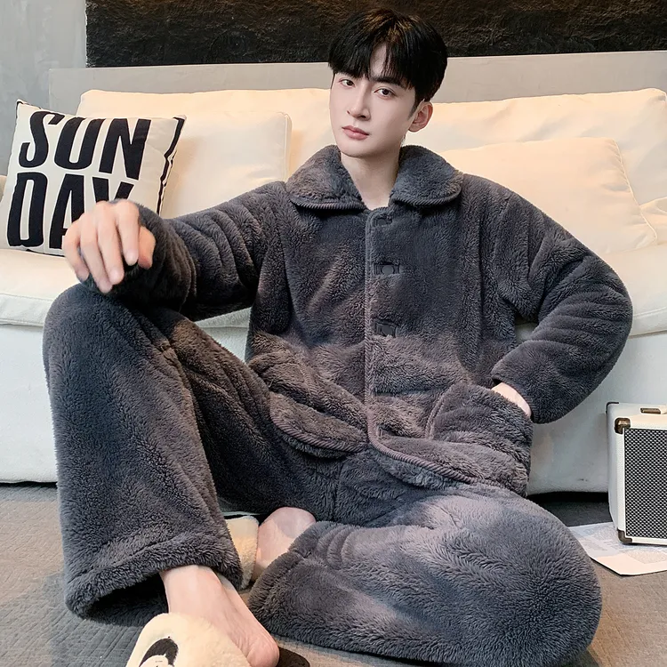 【蓄热保暖】雪花绒秋冬家居服睡衣套装可外穿男加绒加厚男生睡衣