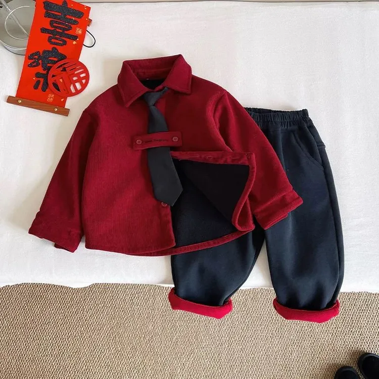 男童加绒衬衫冬款2026新款韩版儿童加厚领带衬衣外套宝宝拜年衣服