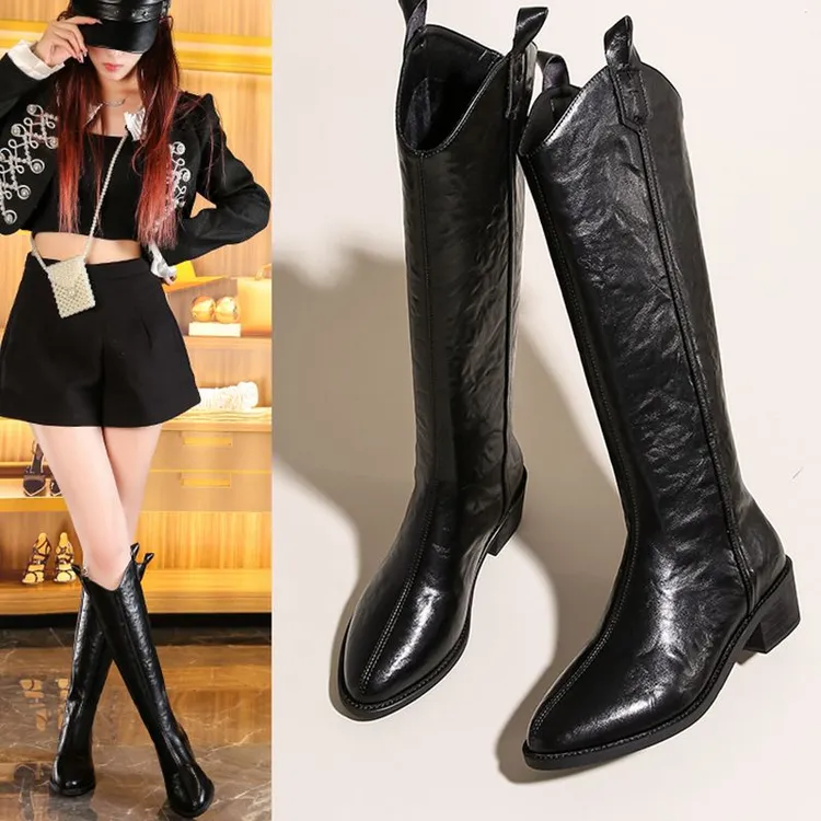 2025春秋中筒长靴女鞋尖头西部牛仔长筒靴子粗跟复古黑色V口堆堆