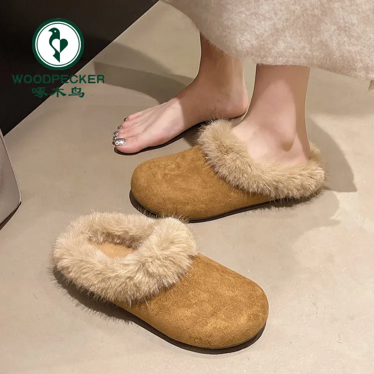 啄木鸟毛毛勃肯半拖鞋女外穿2025新款冬季一脚蹬保暖懒人包头棉拖