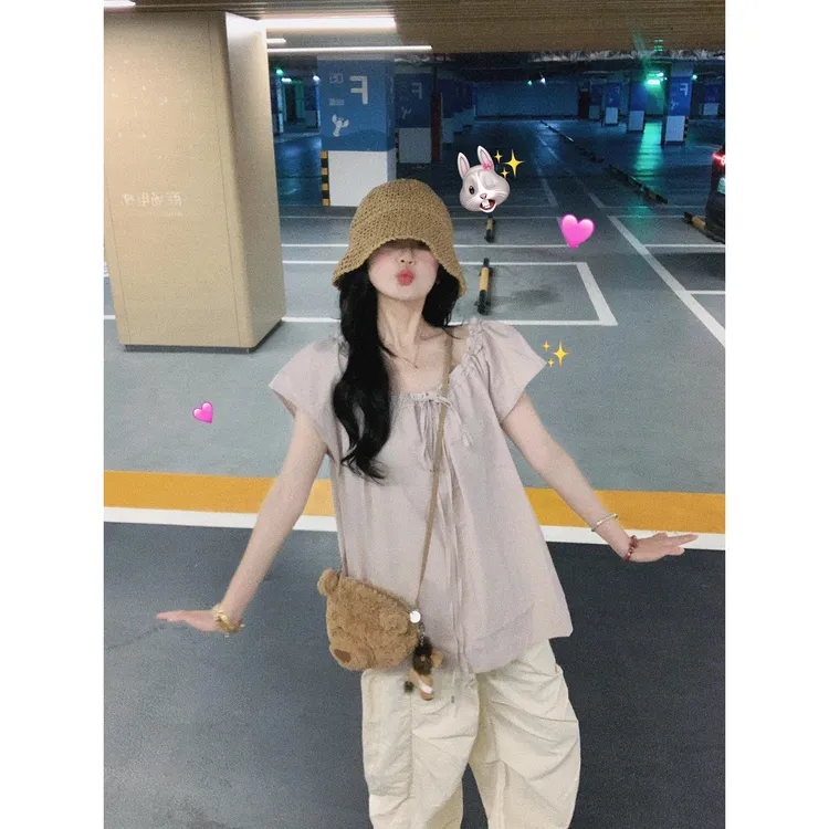 2025新款粉色系带宽松慵懒风衬衫女夏设计感小众衬衣甜美短袖上衣