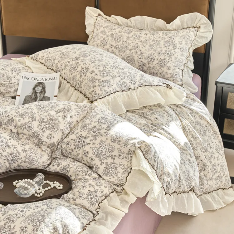 新款色织双层纱全棉水洗棉四件套纯棉被套床盖款数码印花床品