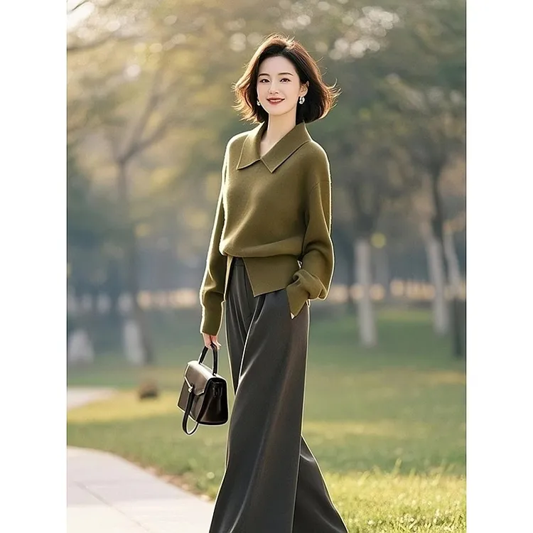 气质一整套穿搭小众不撞款独特漂亮绿色针织衫休闲裤子套装女早秋