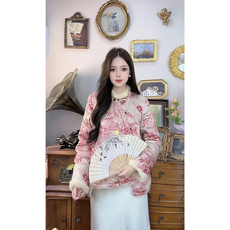 【762】秋冬新中式国风立领斜襟盘扣拼接毛边外套显瘦气质百搭上衣