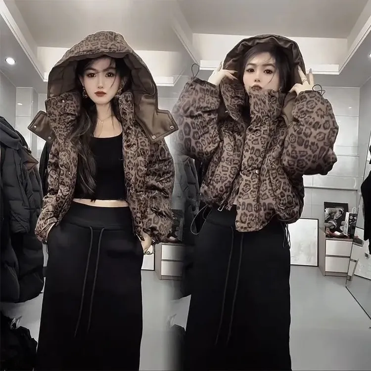 冬季新款韩版时尚豹纹加厚保暖连帽短款女棉服外套