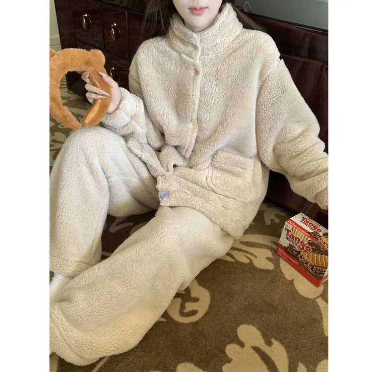 冬季立领加绒加厚珊瑚绒保暖睡衣女套装冬天毛绒宽松可外穿家居服