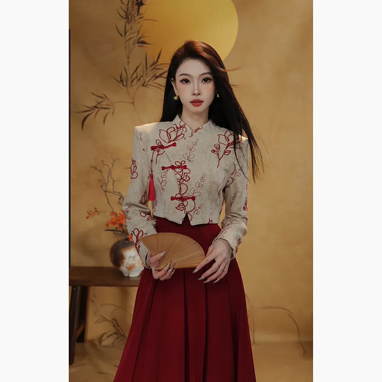 【少量现货】周子仪红色套装裙女2025新款新中式改良百褶裙两件套装