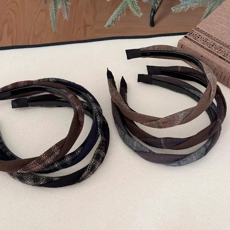 韩系秋冬毛呢拼色格纹麻花发箍压发卡洋气日常外戴高颅顶洗脸头箍