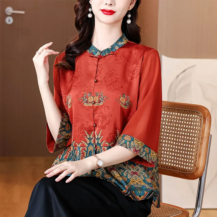中老年老太太民族风宽松上衣中式提花开衫衬衫春季时尚减龄五分袖