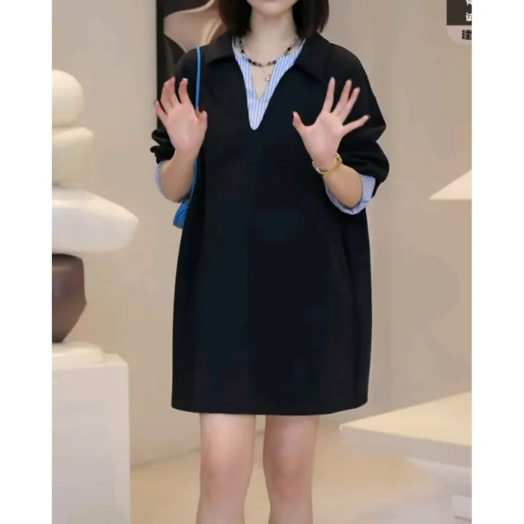 设计款假两件拼接条纹针织休闲连衣裙时尚气质百搭减龄显瘦宽松