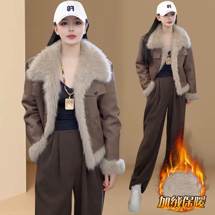 美拉德皮毛一体外套女2025秋冬季新款小个子加绒加厚短款毛毛大衣