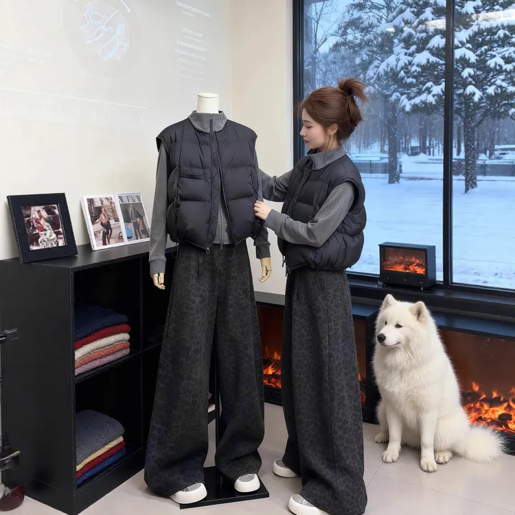 拉夏贝尔秋冬季潮搭保暖一整套女2025新款夹棉马甲阔腿裤三件套潮