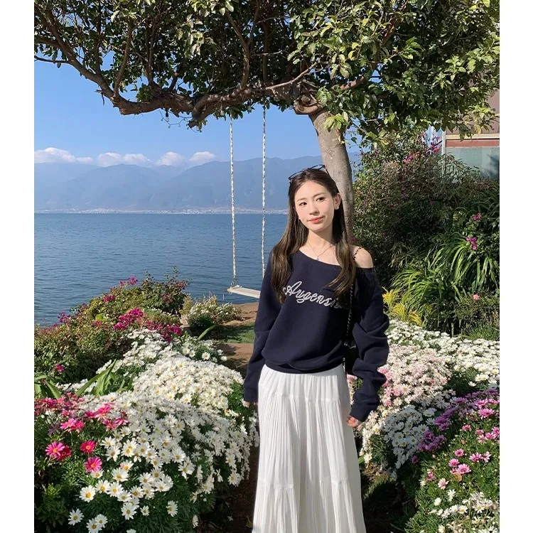 美式复古斜肩T恤女春秋韩系慵懒风宽松长袖上衣