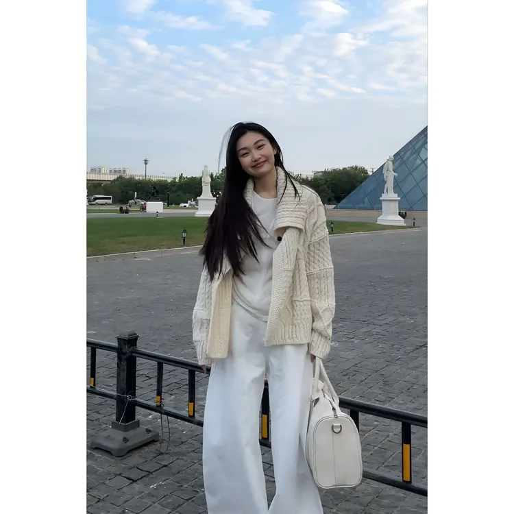 MARIE.COCO韩系高级感翻领麻花毛衣外套时尚直筒休闲裤秋冬套装