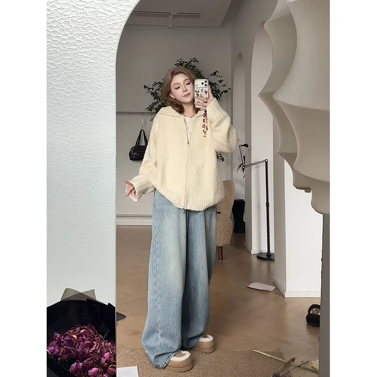 【瘦瘦】冬日爱丁堡-大码秋季新羊毛氛围爆款拉链开衫毛衣女F0061