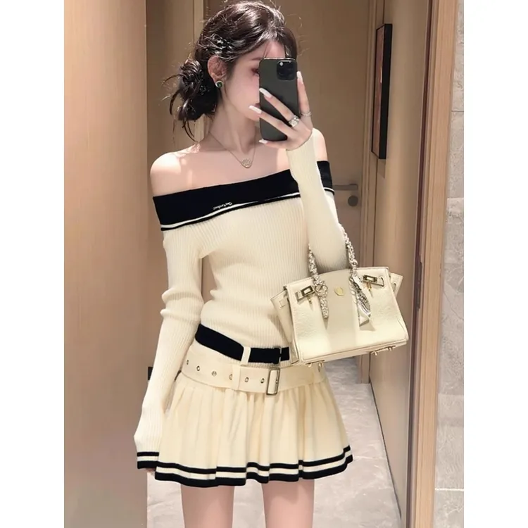 秋季女装小香风洋气一字领连衣裙短款时髦气质内搭打底针织A字裙