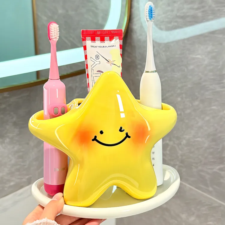 卫生间台面电动牙刷架陶瓷新款洗漱台沥水底座牙膏牙具收纳置物架